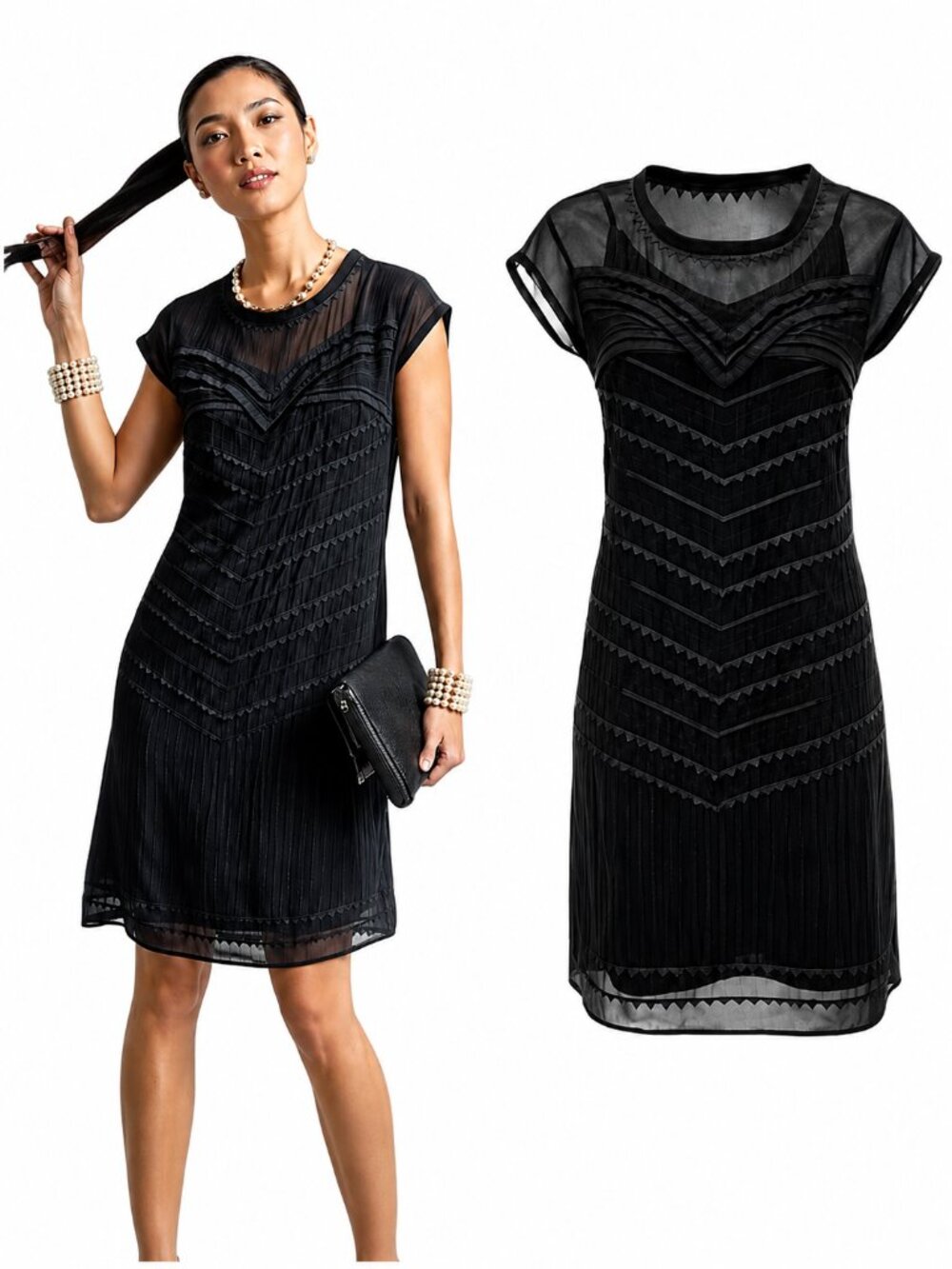 CAbi Black Cocktail Ruched Short Sleeve Dress Size Medium LIKE NEW